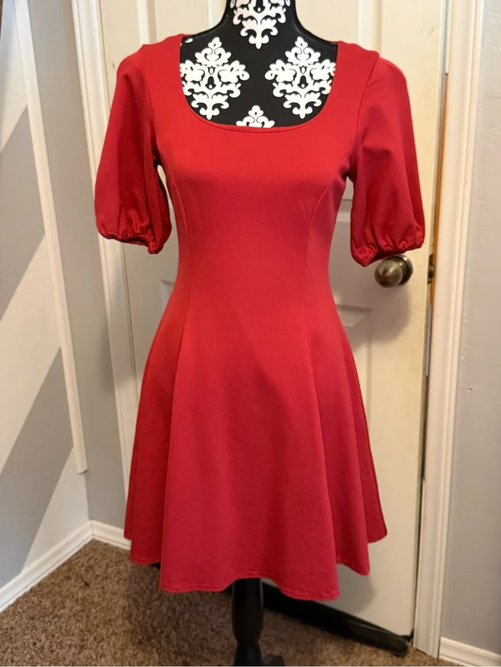kate spade Red Scoop Neck Puff Sleeve Fit-and-Flare Dress